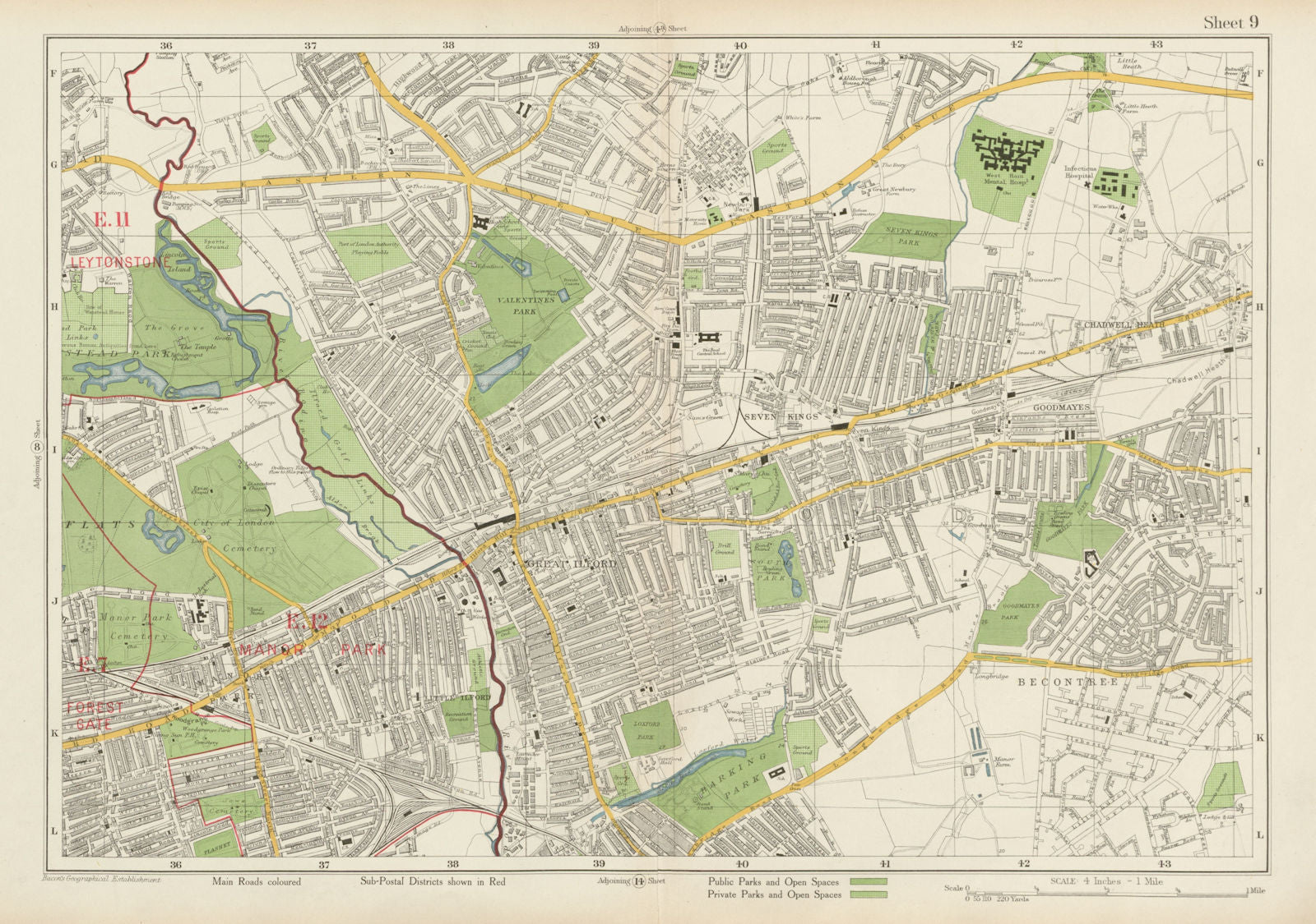 ILFORD Barking Wanstead Flats Goodmayes Newbury Park Becontree. BACON 1934 map